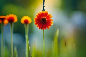 ein rot Blume ist Stehen im das Mitte von ein Feld. KI-generiert foto