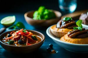 ein Vielfalt von Essen ist gezeigt auf ein Tisch. KI-generiert foto