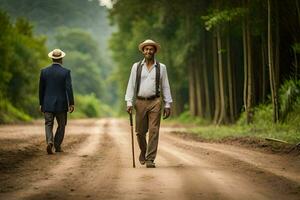 zwei Männer Gehen Nieder ein Schmutz Straße im das Mitte von ein Wald. KI-generiert foto