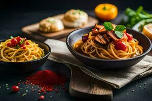 Spaghetti mit Fleisch und Gemüse im Schalen. KI-generiert foto