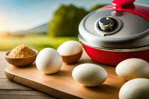 Eier auf ein Schneiden Tafel mit ein rot und Weiß Ei Kocher. KI-generiert foto