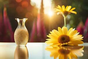 Sonnenblume und Vase auf ein Tabelle mit ein hell Sonne. KI-generiert foto