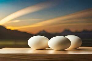 drei Eier auf ein hölzern Tabelle mit ein Sonnenuntergang im das Hintergrund. KI-generiert foto