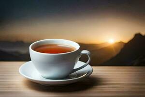 ein Tasse von Tee auf ein Tabelle im Vorderseite von Berge. KI-generiert foto