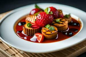 ein Teller von Essen mit Erdbeeren und ein Soße. KI-generiert foto