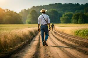 ein Mann im ein Hut Spaziergänge Nieder ein Schmutz Straße. KI-generiert foto