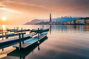 Boote angedockt im das Wasser beim Sonnenuntergang. KI-generiert foto