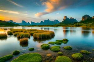 das Berge und Fluss beim Sonnenuntergang im China. KI-generiert foto