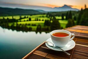 ein Tasse von Tee auf ein hölzern Tabelle mit ein Aussicht von ein See und Berge. KI-generiert foto