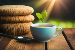 ein Tasse von Tee mit ein Grün Pflanze auf ein hölzern Tisch. KI-generiert foto