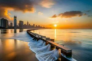 das Sonne setzt Über das Stadt Horizont im Dubai. KI-generiert foto