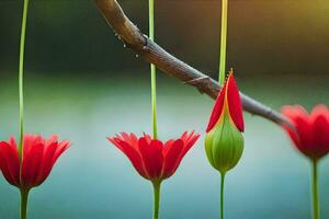 rot Blumen hängend von ein Ast. KI-generiert foto