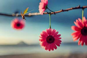 Rosa Blumen hängend von ein Ast in der Nähe von das Strand. KI-generiert foto