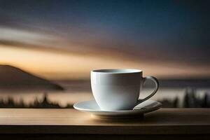ein Tasse von Kaffee auf ein Fenster Schwelle mit Blick auf das Ozean. KI-generiert foto