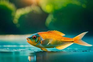 ein Fisch ist Stehen auf das Wasser mit das Sonne im das Hintergrund. KI-generiert foto