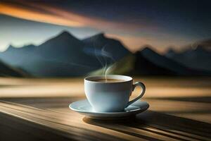 ein Tasse von Kaffee auf ein Tabelle mit Berge im das Hintergrund. KI-generiert foto