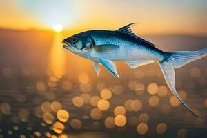 ein Fisch ist fliegend im das Luft beim Sonnenuntergang. KI-generiert foto