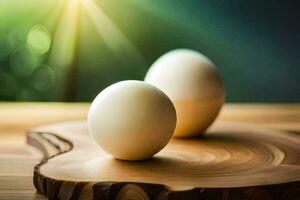 zwei Eier auf ein hölzern Tafel mit Sonnenlicht. KI-generiert foto