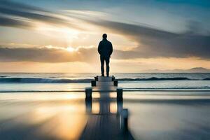 ein Mann Stehen auf ein Seebrücke beim Sonnenuntergang. KI-generiert foto