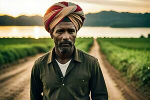 ein Mann tragen ein Turban steht im ein Feld. KI-generiert foto