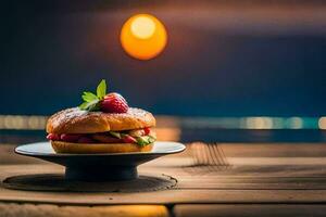 ein Hamburger mit Erdbeeren auf oben von ein Platte. KI-generiert foto