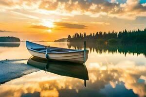 ein Boot sitzt auf das Ufer von ein See beim Sonnenuntergang. KI-generiert foto