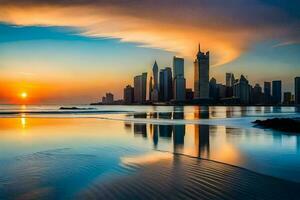 das Stadt Horizont ist reflektiert im das Wasser beim Sonnenuntergang. KI-generiert foto