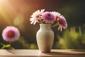 ein Vase mit Rosa Blumen Sitzung auf ein Tisch. KI-generiert foto