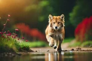 ein Wolf Laufen über ein Feld mit Blumen im das Hintergrund. KI-generiert foto