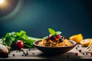 Spaghetti mit Gemüse und Kräuter auf ein hölzern Tisch. KI-generiert foto