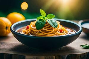 Spaghetti mit Tomate Soße und Basilikum Blätter im ein Schüssel. KI-generiert foto