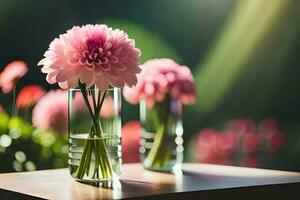 zwei Vasen mit Rosa Blumen auf ein Tisch. KI-generiert foto