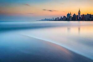 ein lange Exposition fotografieren von das Stadt Horizont beim Sonnenuntergang. KI-generiert foto