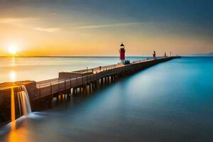 ein lange Exposition fotografieren von ein Leuchtturm beim Sonnenuntergang. KI-generiert foto