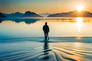 ein Mann Stehen im das Wasser beim Sonnenuntergang. KI-generiert foto