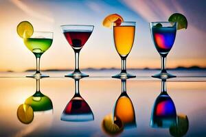 vier anders farbig Cocktails sind gefüttert oben auf ein Tisch. KI-generiert foto