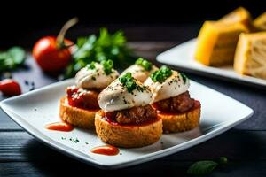 klein Platten mit Fleischklößchen und Tomaten auf ihnen. KI-generiert foto