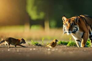 ein Tiger und zwei Vögel auf ein Schmutz Straße. KI-generiert foto