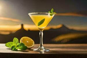 ein Cocktail mit Zitrone und Minze auf ein Tisch. KI-generiert foto