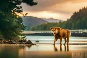 ein braun Bär Gehen entlang das Ufer von ein Fluss. KI-generiert foto