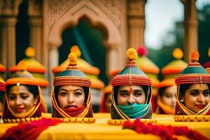 indisch Hochzeit Zeremonie mit bunt Hüte. KI-generiert foto