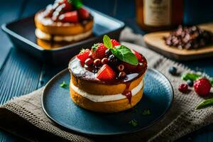 ein Kuchen mit Beeren und Sahne auf ein Platte. KI-generiert foto