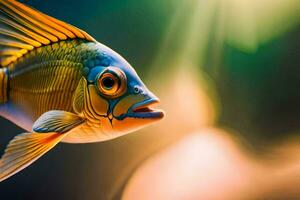 ein Fisch mit hell Farben ist gezeigt im das Wasser. KI-generiert foto