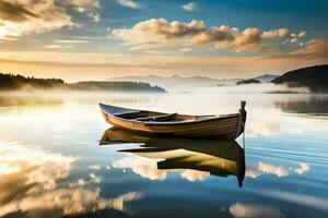 ein Boot auf das See beim Sonnenaufgang. KI-generiert foto