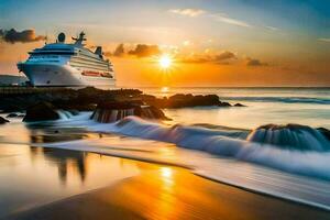 ein Kreuzfahrt Schiff im das Ozean beim Sonnenuntergang. KI-generiert foto