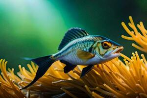 ein Fisch ist Schwimmen im ein unter Wasser Anemone. KI-generiert foto