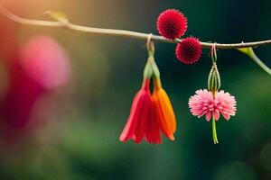 zwei Rosa Blumen hängend von ein Ast. KI-generiert foto