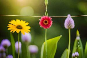 ein Blume ist hängend von ein Kabel. KI-generiert foto