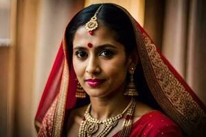 ein schön indisch Braut im traditionell rot und Gold. KI-generiert foto