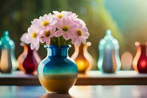 ein Vase mit Blumen auf ein Tisch. KI-generiert foto